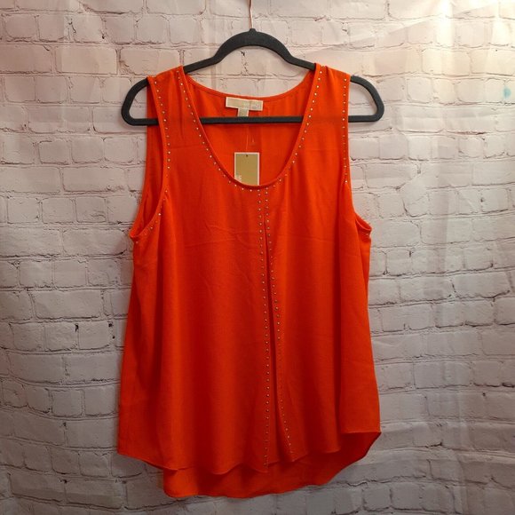 Michael Kors Orange Poppy Studded Sleeveless Blouse Tank Top Large New - Picture 2 of 6